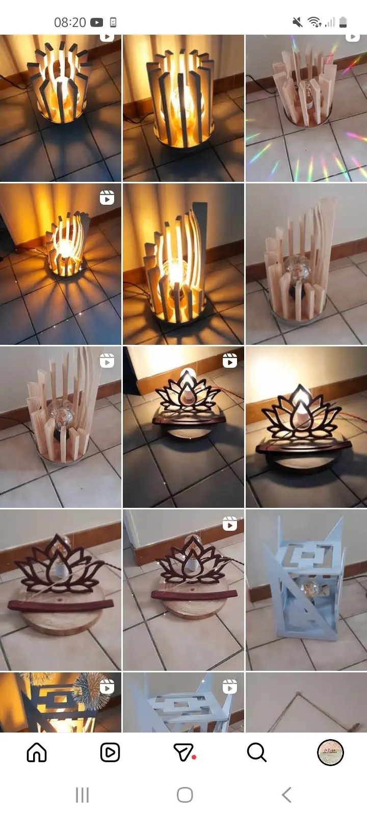 Collage de créations lumineuses en bois faites main