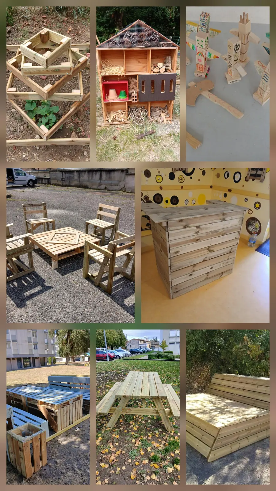Collage de plusieurs réalisations en bois : potager, mobilier et cabane à insectes